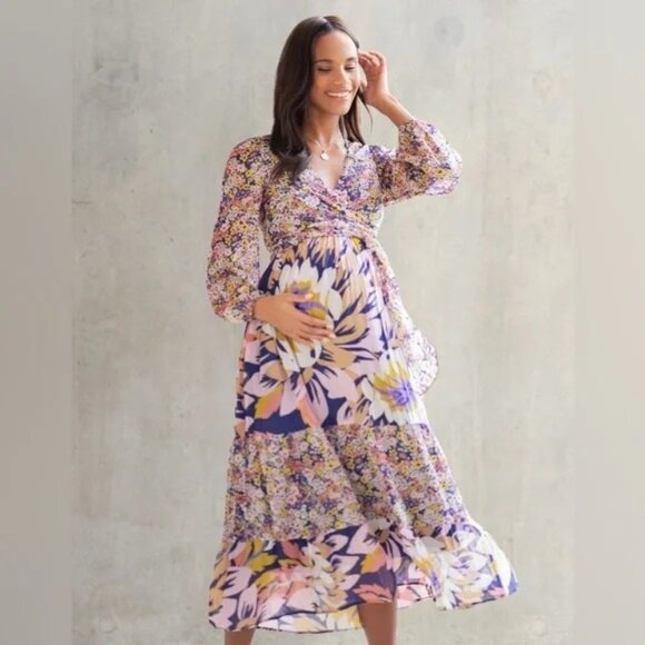Seraphine Maternity Dress Long Sleeve Floral Midi Nursing Access size US 10 - Picture 8 of 14